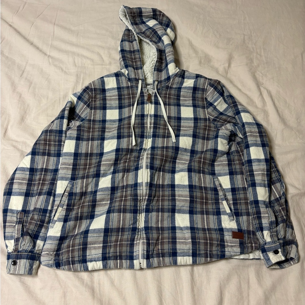 L.L.Bean Blue Plaid Zip Up Sherpa Hoodie Relaxed Fit